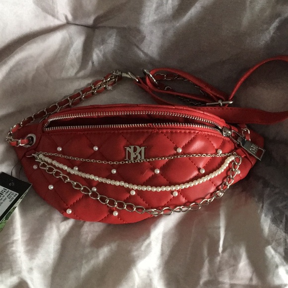 Badgley Mischka Handbags - New Badgley Mishka red fanny pack with chains & Pearls